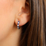 Vibrant Color Stone 18K White  Gold 0.45 Carats Blue Sapphire & 0.24 Carats Diamond Small Hoop Earrings