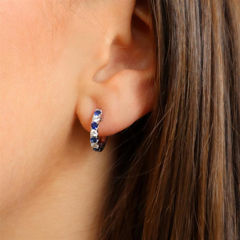 Vibrant Color Stone 18K White  Gold 0.45 Carats Blue Sapphire & 0.24 Carats Diamond Small Hoop Earrings