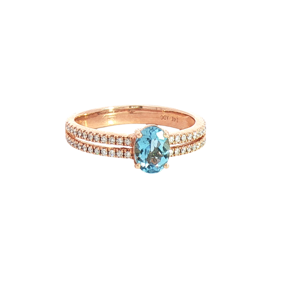 Bold & Elegant 14K Rosé Gold Oval Cut 0.63 Carats Light Blue Aquamarine & 0.18 Carats Diamond Ring
