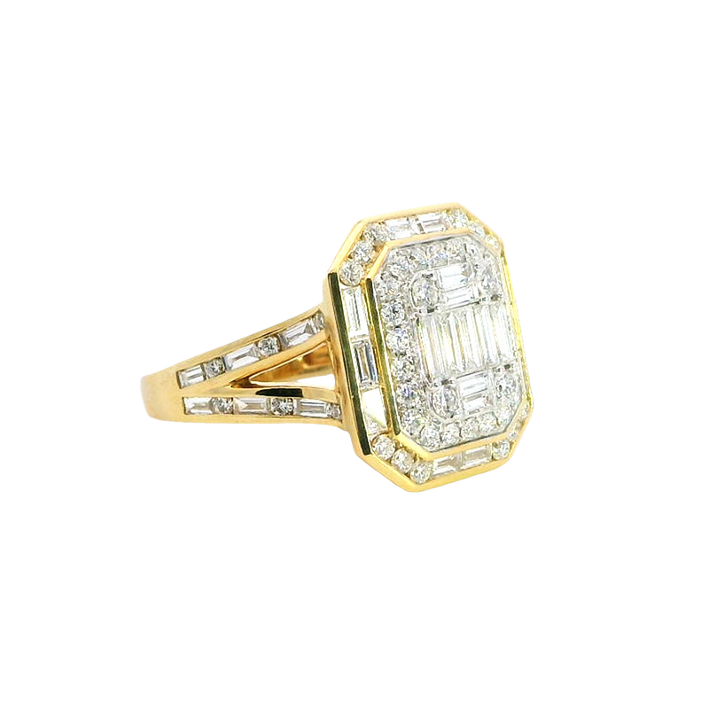 Elegant & Trendy 18K Yellow Gold 1.51 Carats Baguette & Round Diamond Dinner Ring