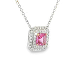 Vibrant Colored Stone Necklaces 18K White & Rosé Gold Square Step Cut 1.09 Carats Pink Sapphire & 0.31 Carats Diamond Double Halo Necklace - 18 Inch