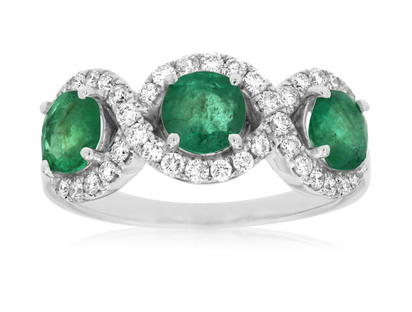 White 14 Karat Gold 1.35 Carats Emeralds & 0.45 Carats Diamond Halo Ring