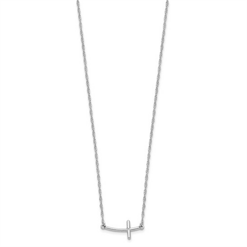 White Sterling Silver 22x10mm Sideways Cross Necklace- 14 inch