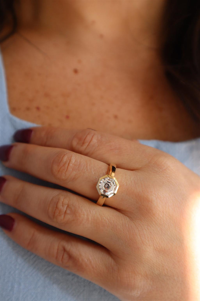 14K Yellow Gold Bezel Set Octagonal Cut 2.19 Carats Lab Grown Solitaire Diamond Engagement Ring