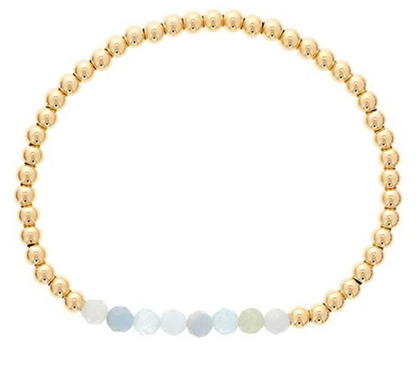 March Birthstone Aquamarie & Yellow Gold Filled Bead Bracelet - 6 Inch