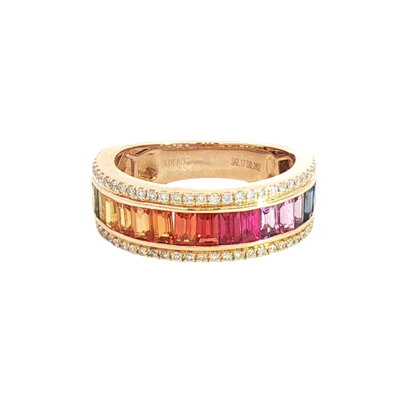 Bold & Elegant 14K Yellow Gold Baguette 2.17 Carats Rainbow Sapphires & 0.26 Carats Diamond Band