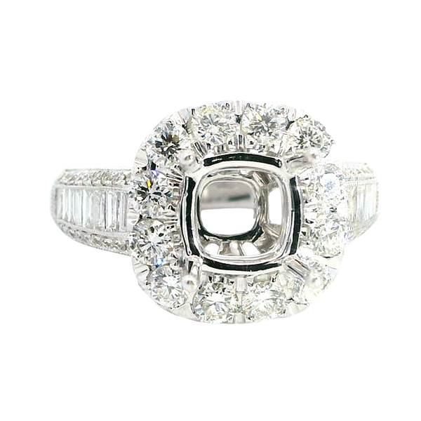Elegant Diamond Mountings 18K White Gold 6.9mm Square Diamond Halo Semi Mount Ring - 1.52 Carats Baguette & Round Diamond