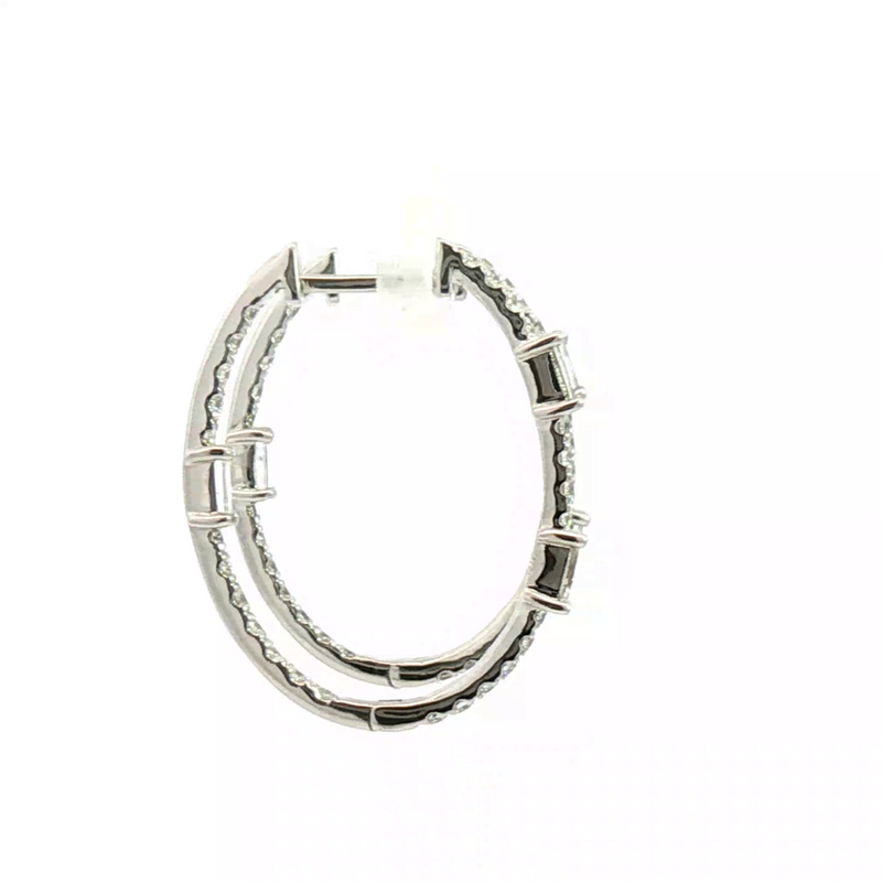Classic & Contemporary 18K White Gold 1.05 Carats Total Weight Baguette & Round Diamond Inside Out Medium Hoop Earrings