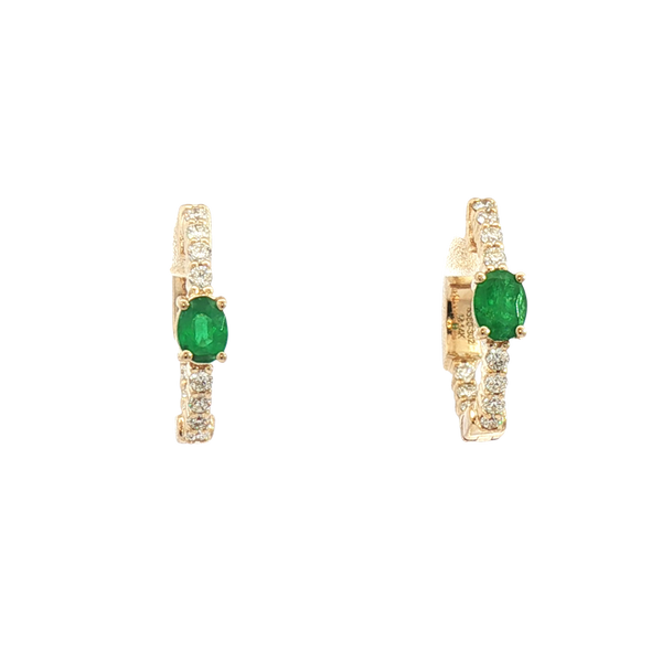 Vibrant Color Stone 14K Yellow Gold 0.36 Carats Oval Emerald & 0.25 Carats Diamond Small Hoop Earrings