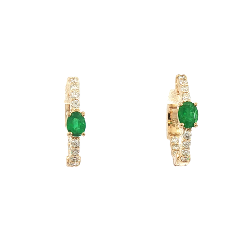 Vibrant Color Stone 14K Yellow Gold 0.36 Carats Oval Emerald & 0.25 Carats Diamond Small Hoop Earrings