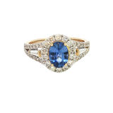 Bold & Elegant 14K Yellow Gold 1.34 Carats Ceylon Blue Sapphire & 0.86 Carats Baguette & Round Halo Ring
