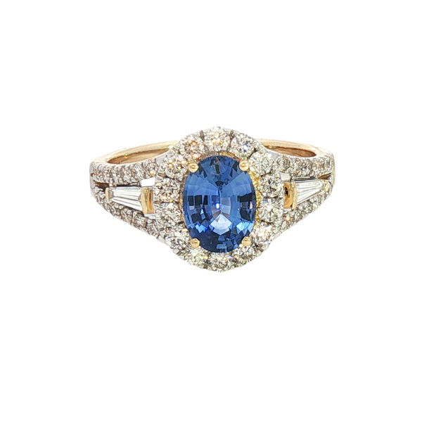 Bold & Elegant 14K Yellow Gold 1.34 Carats Ceylon Blue Sapphire & 0.86 Carats Baguette & Round Halo Ring