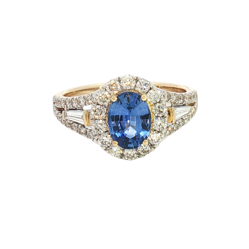 Bold & Elegant 14K Yellow Gold 1.34 Carats Ceylon Blue Sapphire & 0.86 Carats Baguette & Round Halo Ring