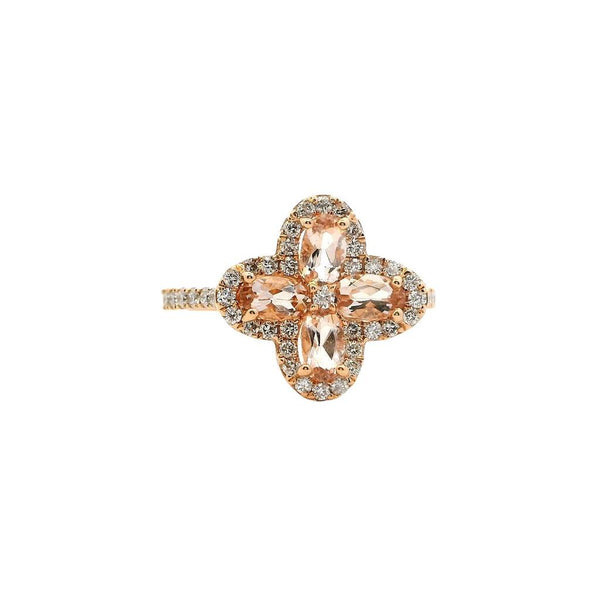 Bold & Elegant 14K Gold Rosé Halo Color Stone Fashion Ring 0.80 Carats Morganite & 0.40 Carats Diamond Quatrefoil Ring