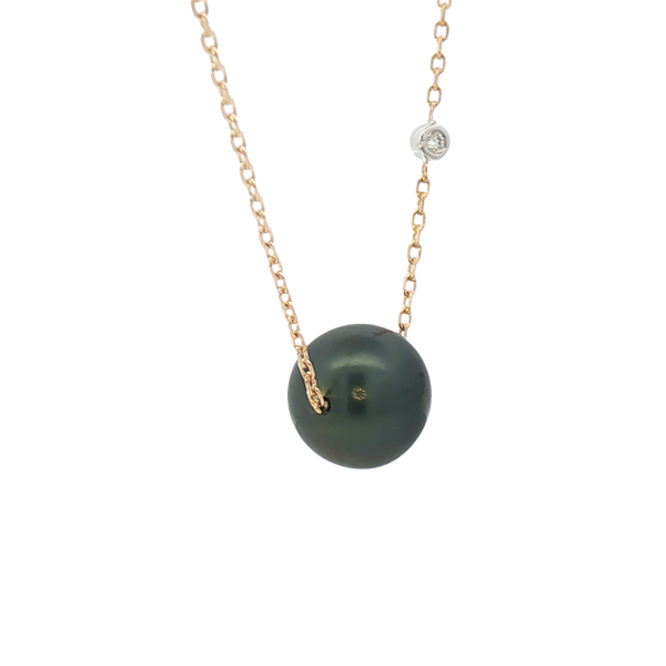 Elegant Pearl Necklaces & Pendants 14K Yellow Gold &  8 - 9 MM Tahitian Cultured Black Pearl & 0.01 Carats Diamond Necklce - 18 Inch