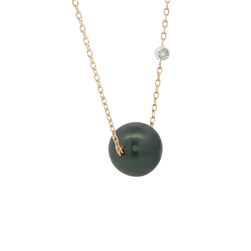 Elegant Pearl Necklaces & Pendants 14K Yellow Gold &  8 - 9 MM Tahitian Cultured Black Pearl & 0.01 Carats Diamond Necklce - 18 Inch