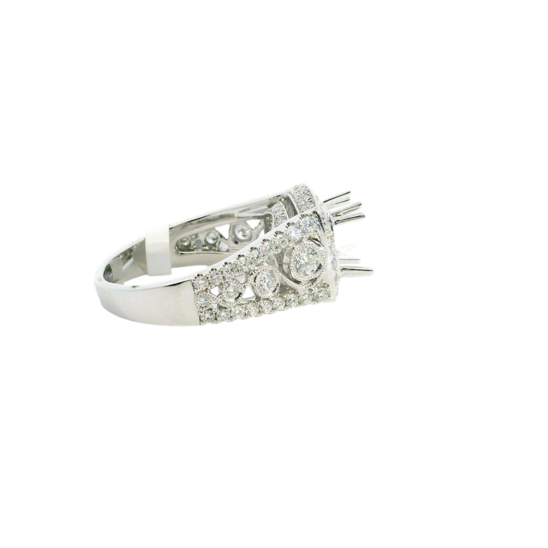 Elegant Diamond Mountings 18K White Gold 1.50 Carats Round Diamond Halo Semi Mount Ring - 1.32 Carats Diamond Weight