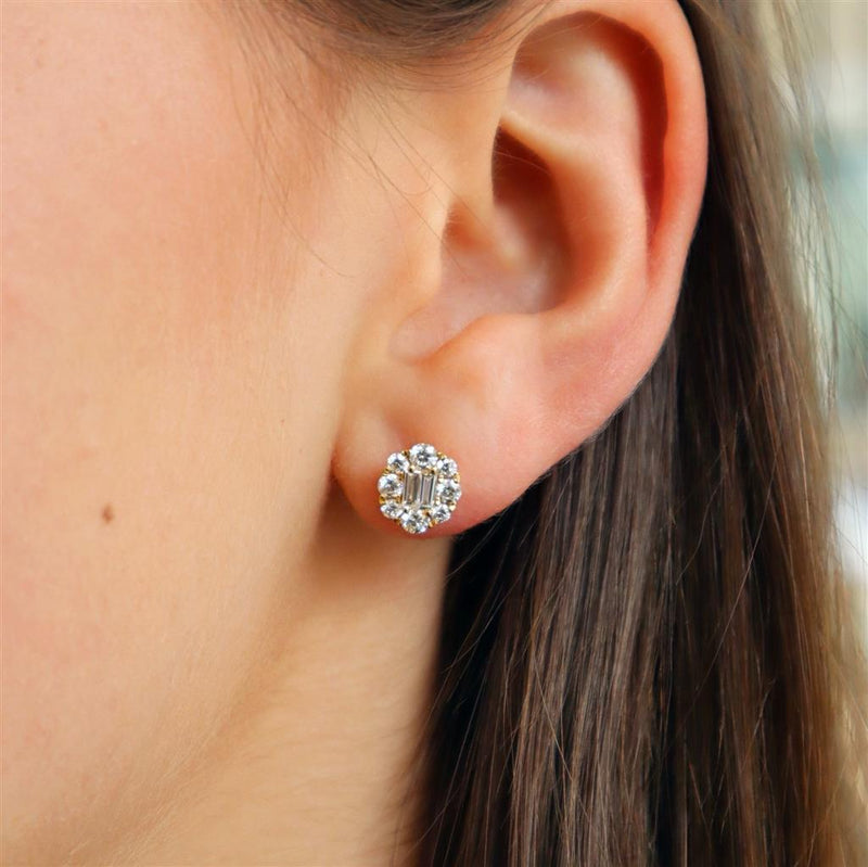 Classic & Contemporary 18K Yellow Gold 0.98 Carats Baguette & Round Diamond Stud Earrings