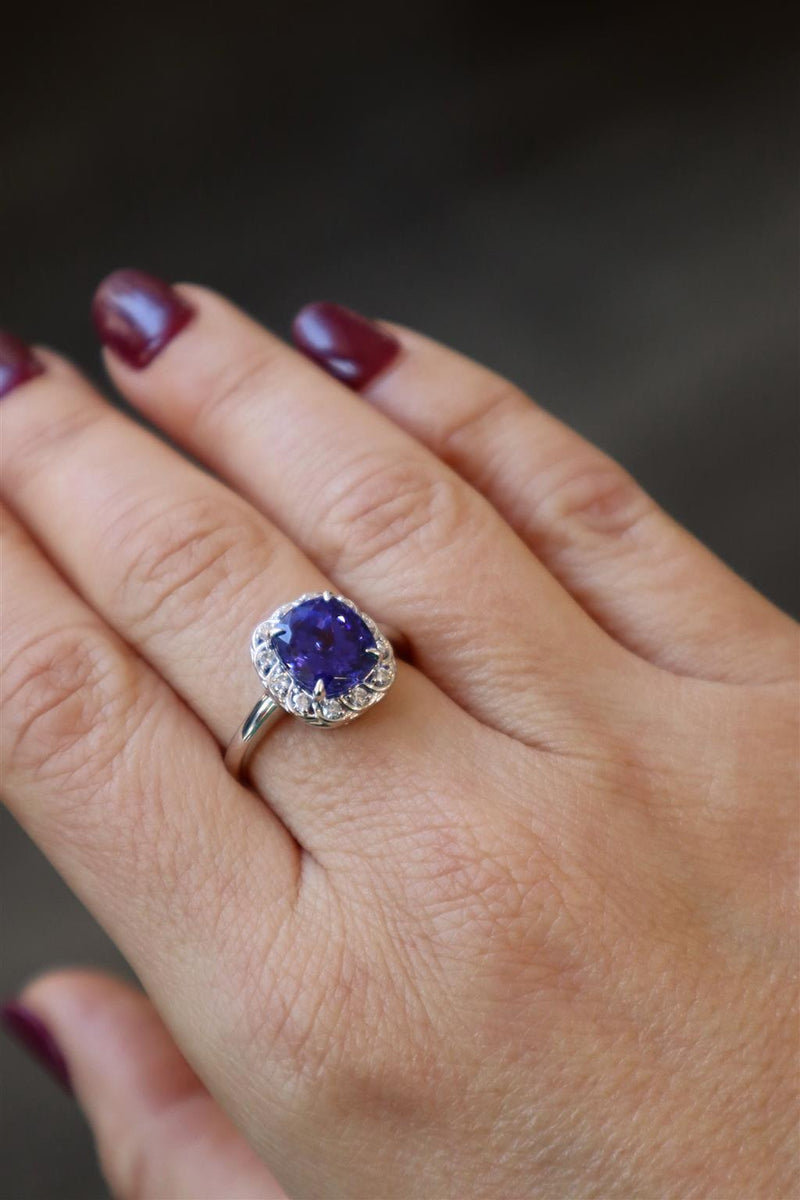 Bold & Elegant 18K White Gold Cushion Cut 3.26 CaratsTanzanite & 0.22 Carats Diamond Halo Ring