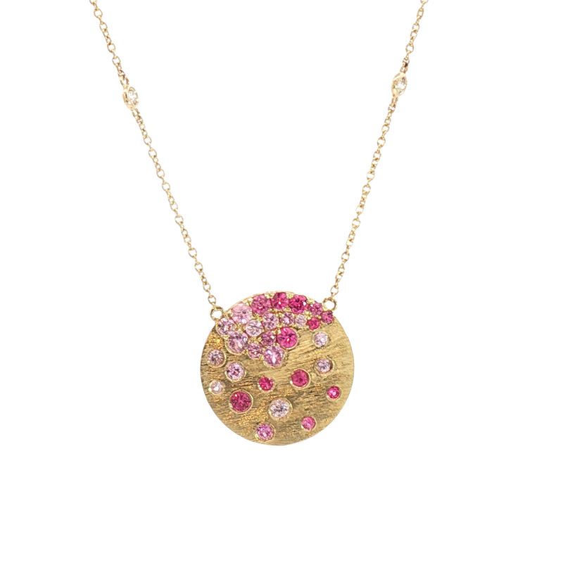 Vibrant Colored Stone Necklaces 14K Yellow Gold 1.16 Carats Pink Sapphire & 0.11 Carats Diamond Necklace, 18 Inch