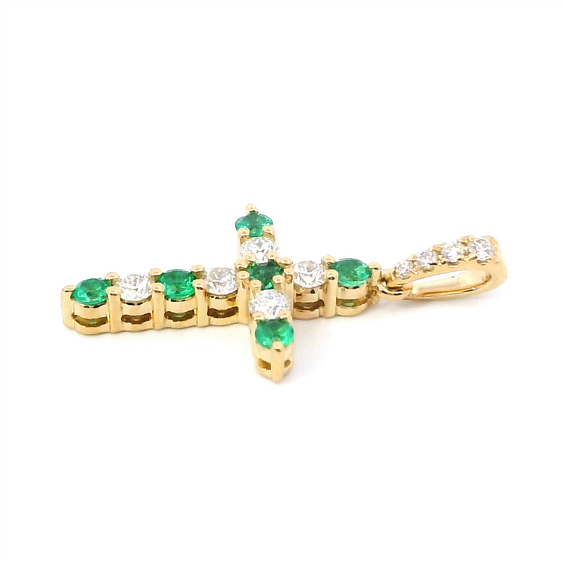 Vibrant 18K Yellow Gold 0.13 Carats Emerald & 0.16 Carats Diamond Small Cross Pendant
