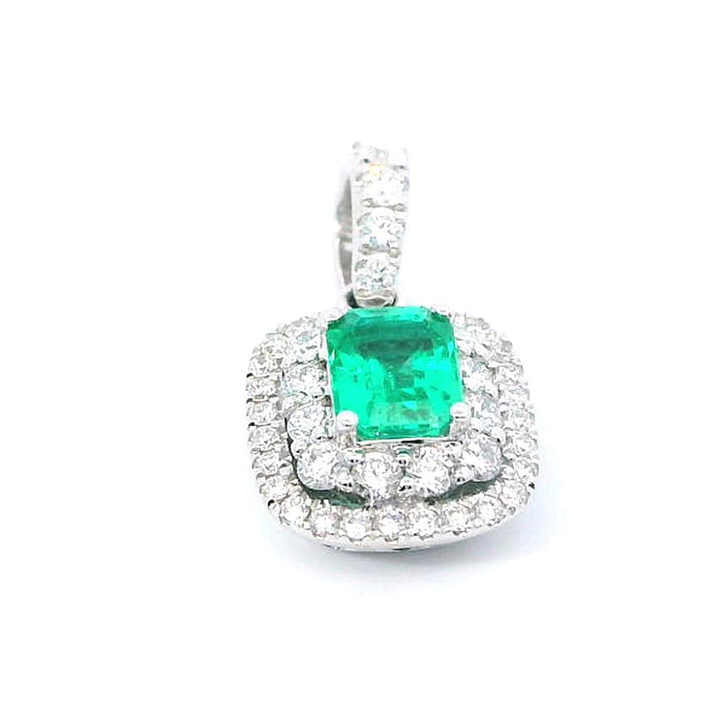 Vibrant 18K White Gold 0.14 Carats Emerald & 0.37 Carats Diamond Halo Drop Pendant