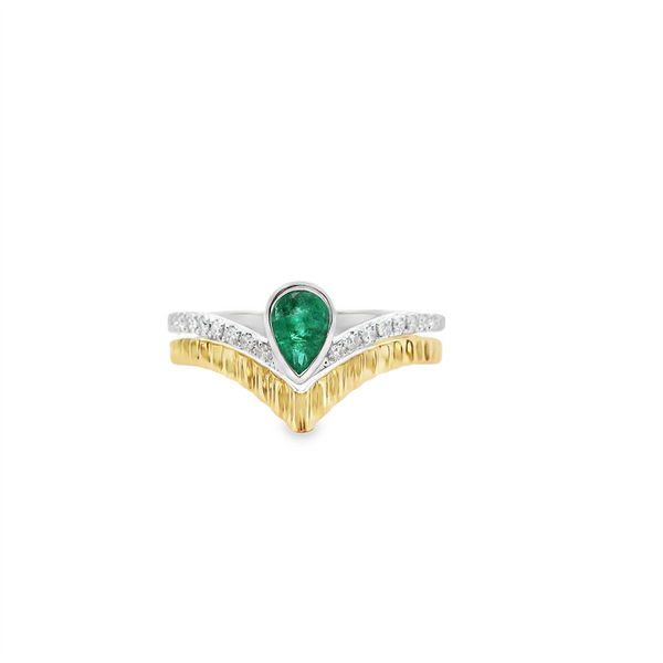 Bold & Elegant 14K Gold Two-Toned Contoured Color Stone Fashion Ring -  0.34 Carats Pear Emerald & 0.13 Carats Round Diamond
