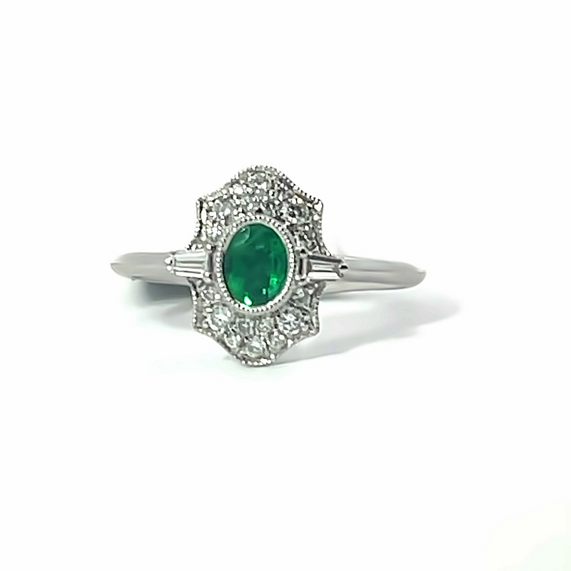 White 18 Karat Gold 0.34 Carats Emerald & 0.24 Carats Diamond Vintage inspired Ring