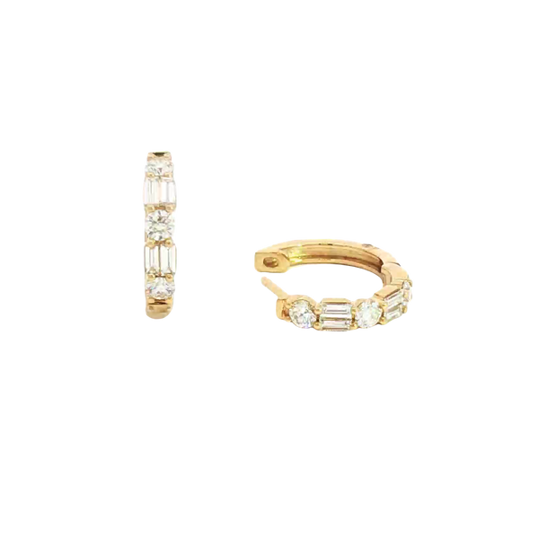 Classic & Contemporary 18K Yellow Gold 1.02 Carats Baguette & Round Diamond Small Hoop Earrings
