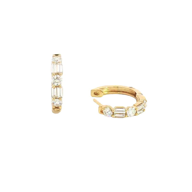 Classic & Contemporary 18K Yellow Gold 1.02 Carats Baguette & Round Diamond Small Hoop Earrings