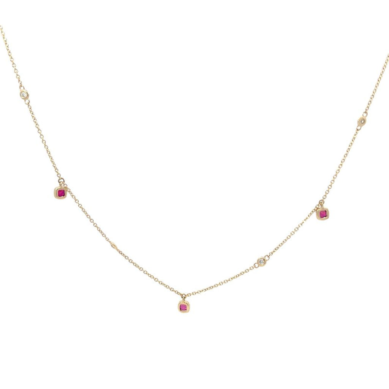 Vibrant 14K Gold Yellow 0.73 Carats Rubies & 0.08 Carats Diamonds Fringe Station Necklace, 18 Inch