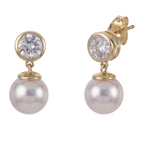 Timeless & Sophisticated Design 14K Yellow Gold 7 - 7.5 MM Akoya Cultured Pearls & 5.0 MM Lab Grown Diamond Dangle Earrings