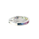 Elegant & Trendy 18K White Gold 1.07 Carats Princess Cut Rainbow Sapphire & 0.37 Carat Round Diamond Band