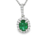 Vibrant 18K White Gold Oval Cut 0.70 Carats Emerald & 0.27 Carats Diamond Halo Pendant