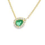 Vibrant Colored Stone Necklaces 18K Yellow Gold Horizontal Set Pear Shaped 0.52 Carats Emerald & 0.20 Carats Diamond Halo Necklace -18 Inch