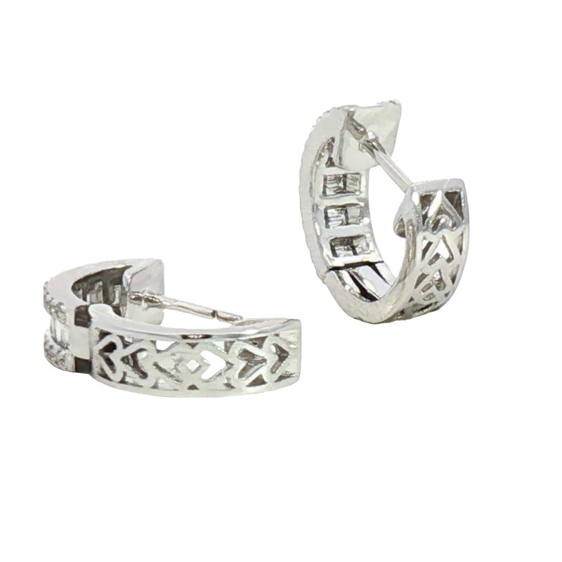 Classic & Contemporary 18K White Gold 0.62 Carats Baguette & Round Diamond Huggie Earrings