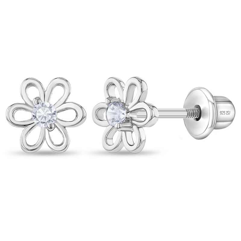 Sterling Silver Spring April Birthstone CZ Flower Earrings For Children