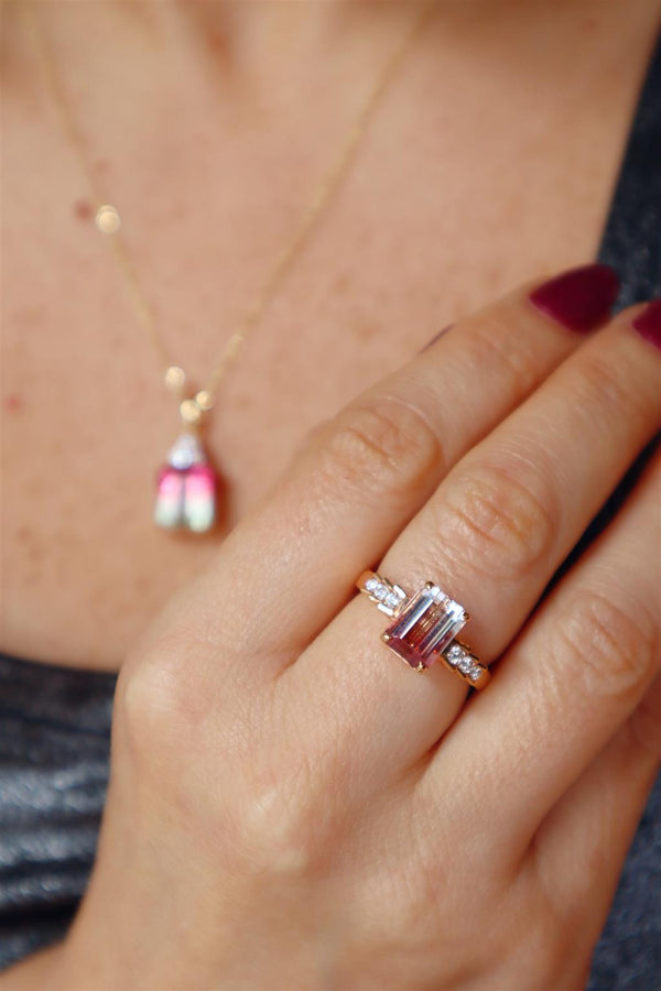 Bold & Elegant 18K Rosé Gold Emerald Cut 2.76 Carats Watermelon Tourmaline & 0.19 Carats Diamond Ring