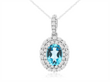 Vibrant Colored Stone Necklaces 14K White Gold 0.85 Carats Blue Topaz & 0.39 Carats Diamond Double Halo Necklace - 18 Inch