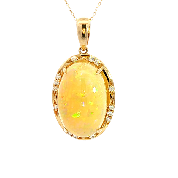 Vibrant Colored Stone Necklaces 14K Gold Yellow 8.91 Carats Opal & 0.13 Carats Diamond Halo Necklace, 18 Inch