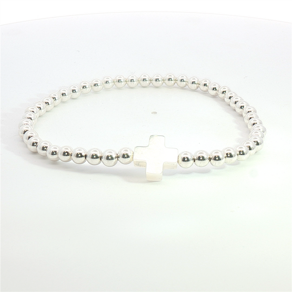 White Sterling Silver 4 MM Bead & Mother of Pearl Cross Bracelet - 7 Inch