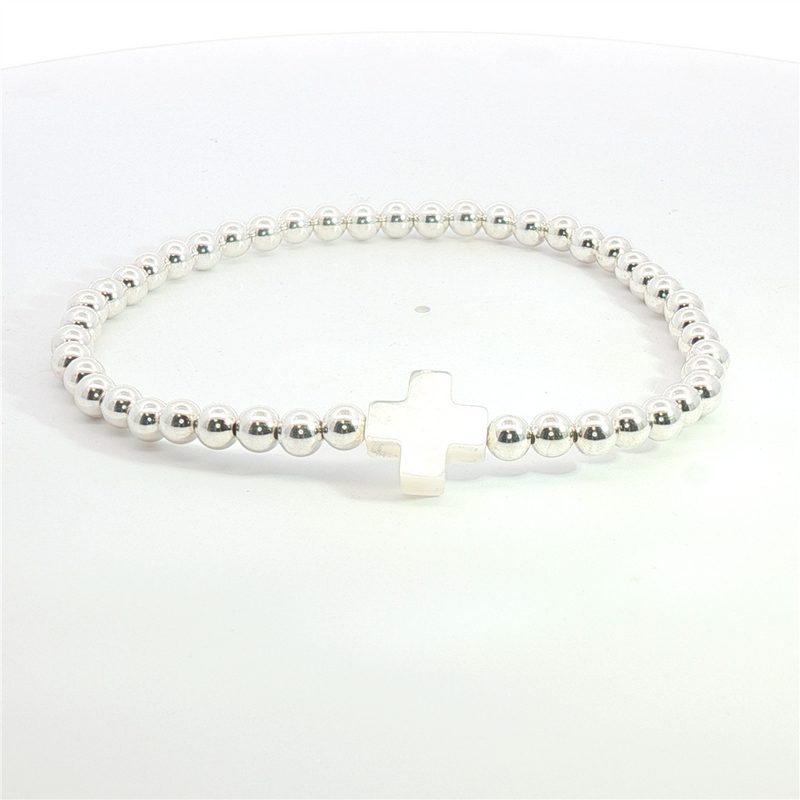 White Sterling Silver 4 MM Bead & Mother of Pearl Cross Bracelet - 7 Inch