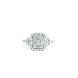 Timeless & Elegant Diamond Engagement Rings 14K White Gold Cushion Halo Emerald Cut, Baguette & Round 0.73 Carats Diamond Engagement Ring