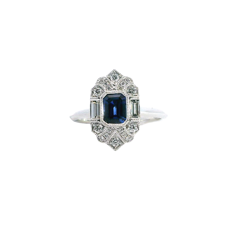 Bold & Elegant Vintage Inspired Fashion 18K White Gold 0.72 Carat Blue Sapphire & 0.35 Carat Diamond Ring