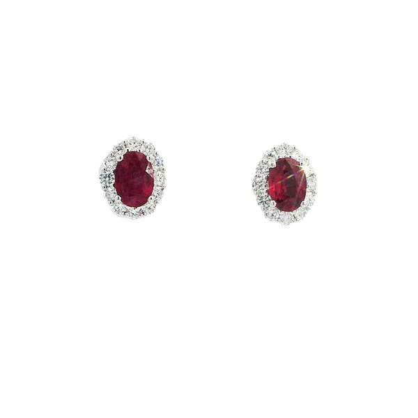Vibrant Color Stone 18K White Gold 1.07 Carats Oval Ruby & 0.44 Carats Diamond Halo Stud Earrings