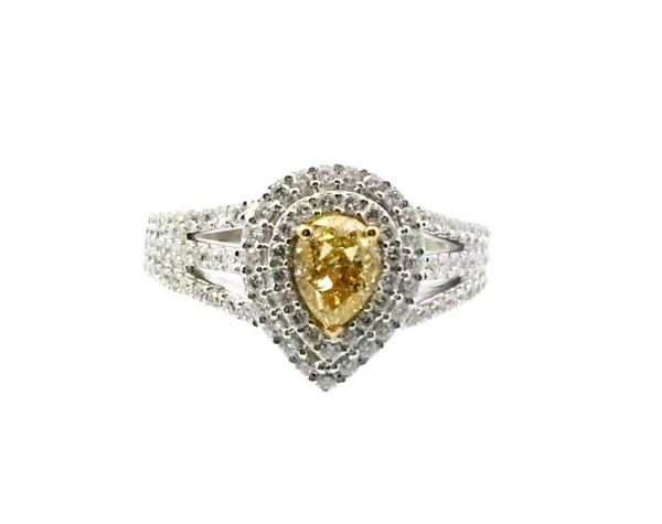 18K White Gold Halo Diamond Engagement Ring, 0.92ct Fancy Yellow Pear-Cut Diamond & 0.77ct Round Diamonds, F/G Color, VS2 Clarity