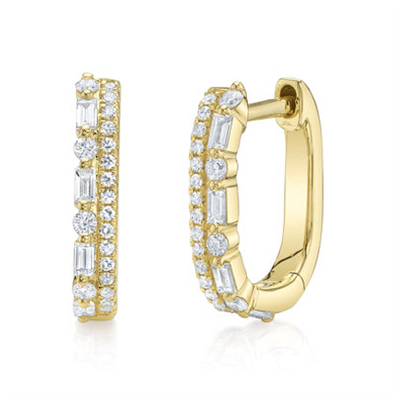 Classic & Contemporary 14K Yellow Gold 0.31 Carats Baguette & Round Cut Diamond Huggie Earrings