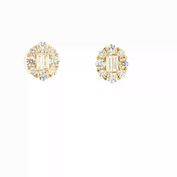 Classic & Contemporary 18K Yellow Gold 0.98 Carats Baguette & Round Diamond Stud Earrings