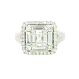 Elegant & Trendy 14K White Gold Square Cushion 1.29 Carats Baguette & Round Diamond Halo Ring