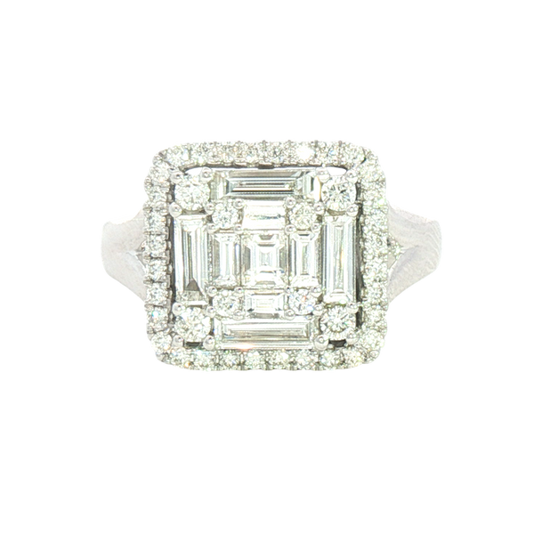 Elegant & Trendy 14K White Gold Square Cushion 1.29 Carats Baguette & Round Diamond Halo Ring